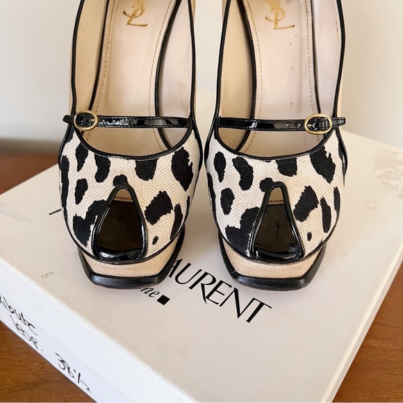 YSL • Tribute 105 Pump canvas leopard Mary Jane heels patent leather platform - Picture 5 of 16